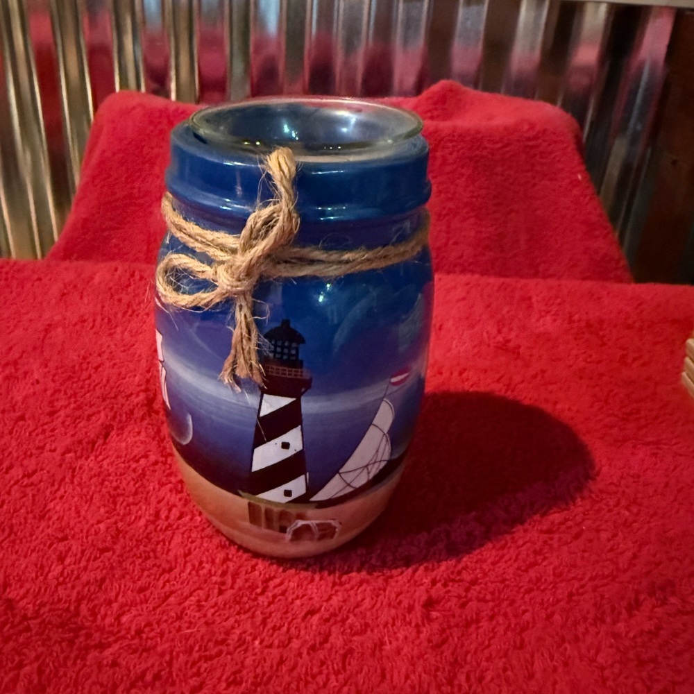 Nautical Themed Blue Jar with Lighthouse Design